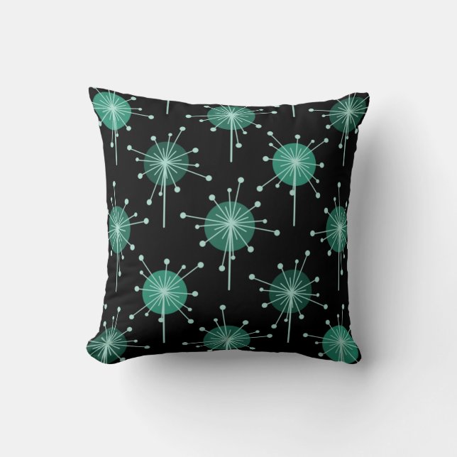 Sputnik Starburst Flowers Black Blauwgroen Kussen (Voorkant)