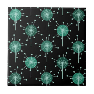 Sputnik Starburst Flowers Black Blauwgroen Tegeltje