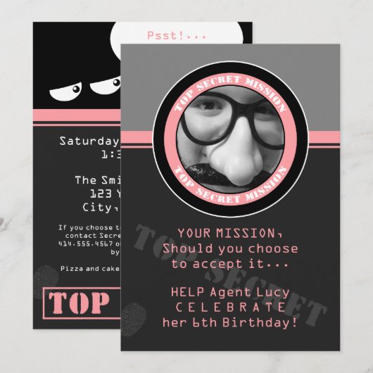 SPY Birthday Party Aangepaste fotouitnodiging Kaart (Voorkant / Achterkant)