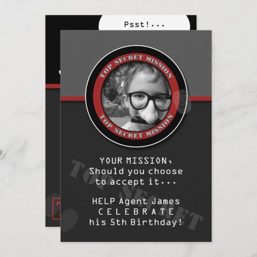 SPY Birthday Party CUSTOM Photo Invitation Kaart (Voorkant / Achterkant)