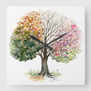 SQ W/ 4 SEASON TREE WATERVERF ART. VIERKANTE KLOK