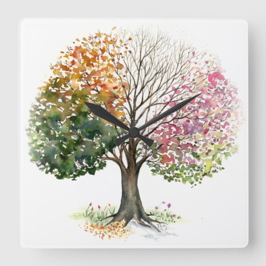 SQ W/ 4 SEASON TREE WATERVERF ART. VIERKANTE KLOK (Voorkant)