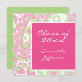 Sqare Pink Green Paisley Afstuderen/Party Kaart (Voorkant / Achterkant)