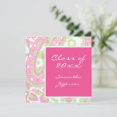 Sqare Pink Green Paisley Afstuderen/Party Kaart (Staand voorkant)
