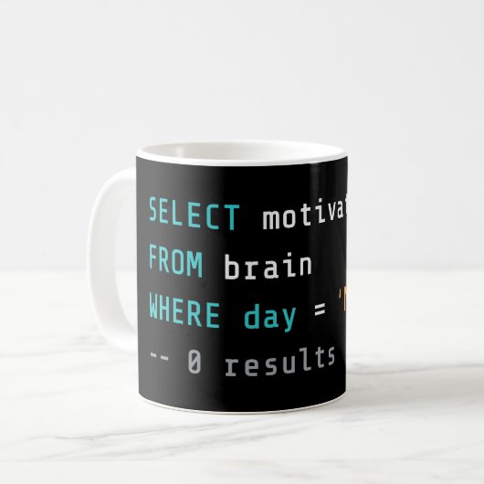 SQL Maandag Geen Motivatie Koffiemok (Voorkant links)