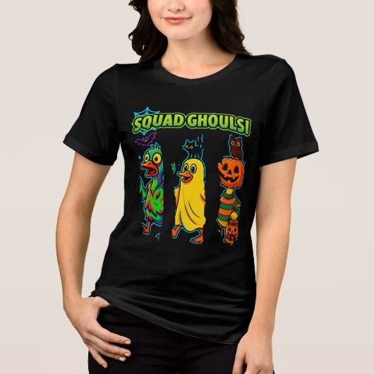 Squad Ghouls Funny Halloween Duck Pumpkin Ghost Tri-Blend Shirt (Voorkant)