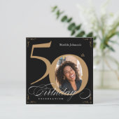 Square 50th Birthday Black Gold Calligrafie Foto Kaart (Staand voorkant)