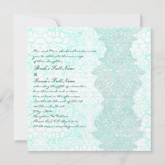 Square Aqua Damask Wedding Invitation Kaart (Voorkant)