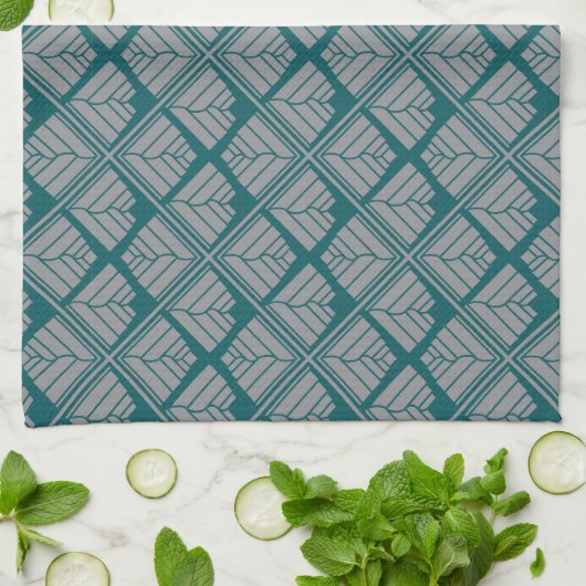 Square Art Deco Pattern in Blauwgroen en neutraal Theedoek (Gevouwen)