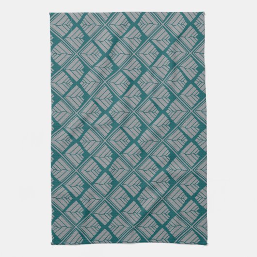 Square Art Deco Pattern in Blauwgroen en neutraal Theedoek (Verticaal)