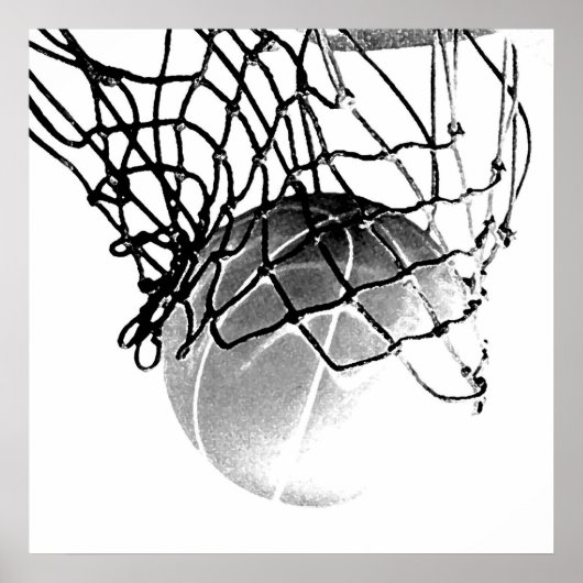 Square B&W Basketball Ball & Net Print Poster (Voorkant)