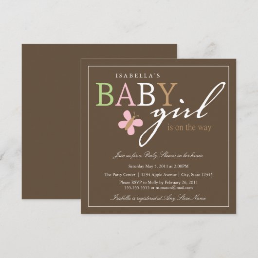 Square BABY GIRL Baby shower Invitation Kaart (Voorkant / Achterkant)