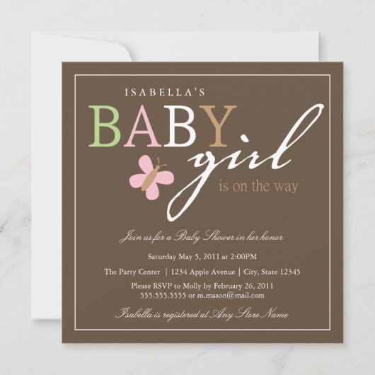 Square BABY GIRL Baby shower Invitation Kaart (Voorkant)