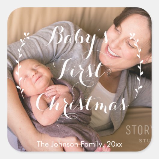 Square Baby's eerste kerstfoto Stickers (Voorkant)