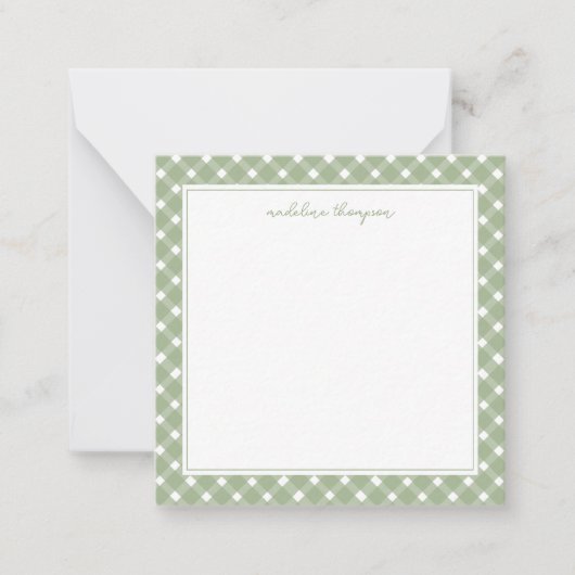 Square Basic Gingham Sage Green Border Notitiekaartje (Voorkant)