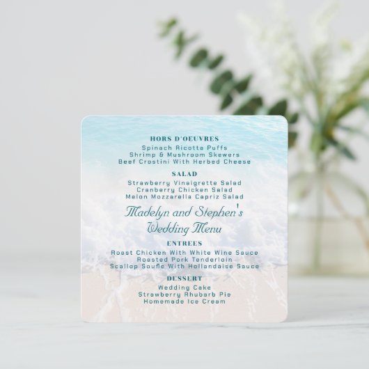 Square Beach Background Wedding Menu Template (Staand voorkant)