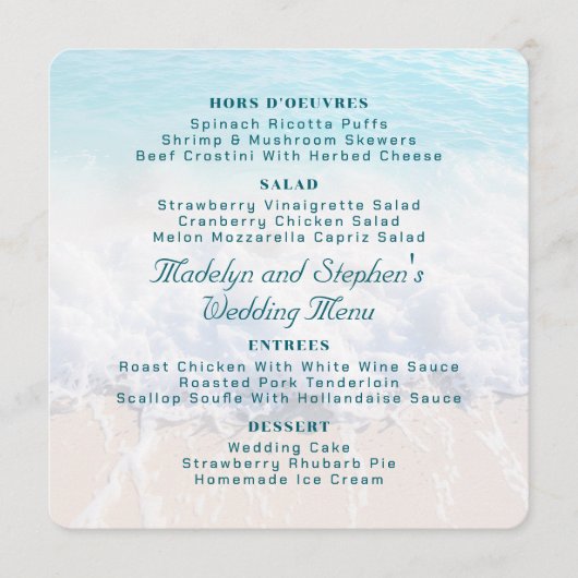 Square Beach Background Wedding Menu Template (Voorkant)