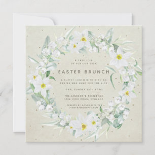 Square Beige + White Floral Wreath Easter Brunch Kaart