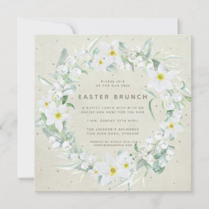 Square Beige + White Floral Wreath Easter Brunch Kaart