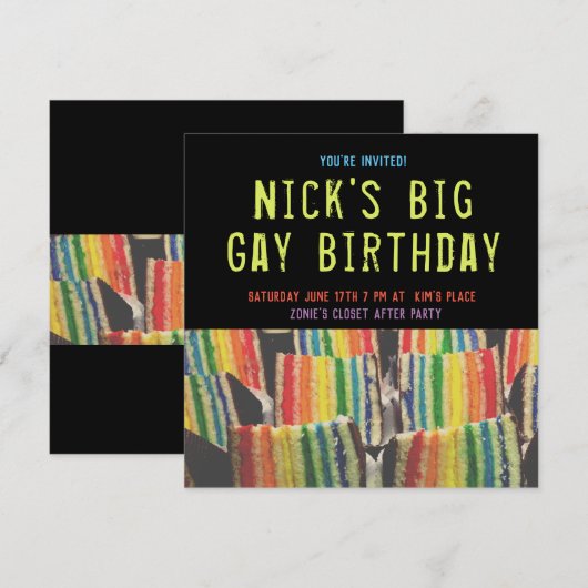 Square Big Gay Birthday Rainbow Cake Invite Kaart (Voorkant / Achterkant)