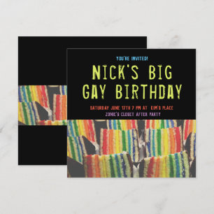 Square Big Gay Birthday Rainbow Cake Invite Kaart