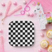 Square Black and White Checker Party Paper Plates Papieren Bordje (Feest)