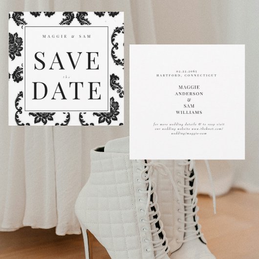 Square Black Damask Wedding Bewaar de datum Save The Date