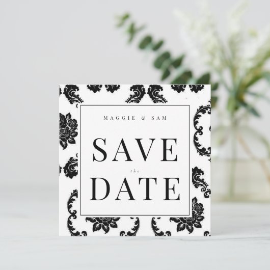 Square Black Damask Wedding Bewaar de datum Save The Date (Staand voorkant)