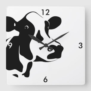 Square Black en White Cow Clock Vierkante Klok