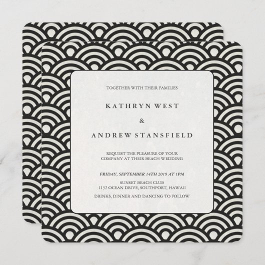 Square Black + White Patterned Wedding Invitation Kaart (Voorkant / Achterkant)