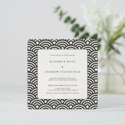 Square Black + White Patterned Wedding Invitation Kaart (Staand voorkant)