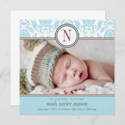Square Blue Damask | Aankondiging van geboorte (Voorkant / Achterkant)