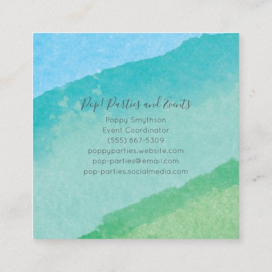 Square Blue en Green Modern Waterverf Vierkante Visitekaartje (Achterkant)