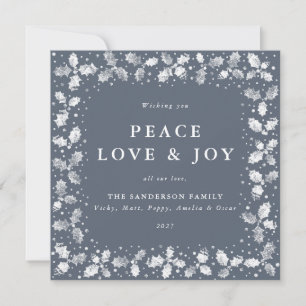 Square Blue Hand Printed Holly Peace Love + Joy Feestdagenkaart