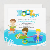 Square Blue Pool Party Boys Birthday Invitation Kaart (Voorkant / Achterkant)