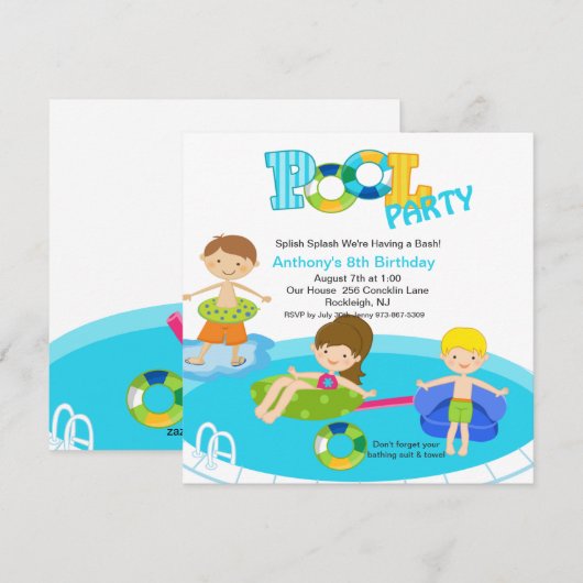 Square Blue Pool Party Boys Birthday Invitation Kaart (Voorkant / Achterkant)