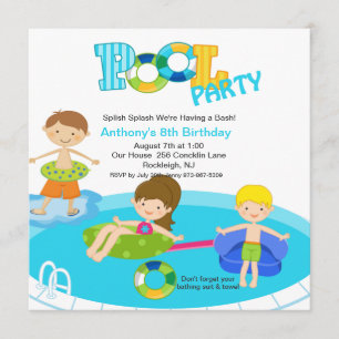 Square Blue Pool Party Boys Birthday Invitation Kaart