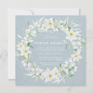 Square Blue + White Floral Wreate Easter Brunch Kaart