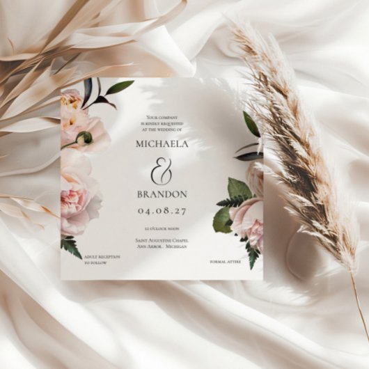 Square Blush Bloemen Bruids Douche Uitnodiging