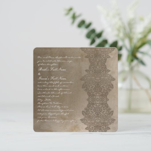 Square Brown  Damask Wedding Invitation Kaart (Staand voorkant)