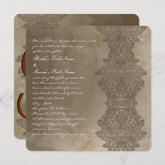 Square Brown Damask Wedding Invitation Kaart (Voorkant / Achterkant)