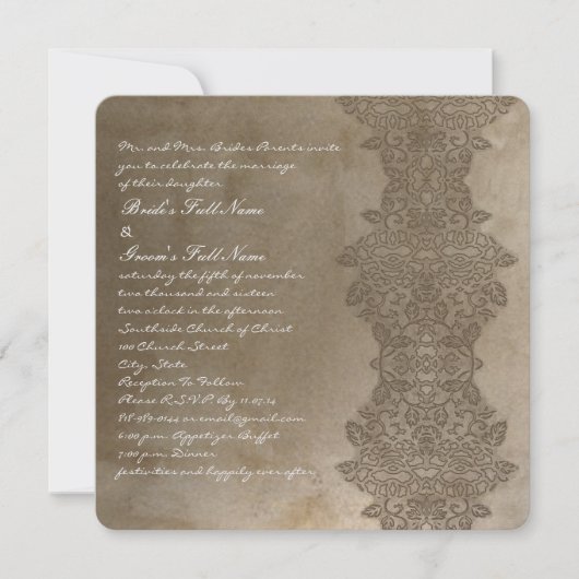 Square Brown Damask Wedding Invitation Kaart (Voorkant)