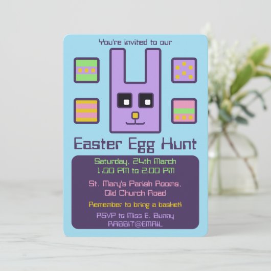 Square Bunny Easter Egg Hunt Invitation Kaart (Staand voorkant)
