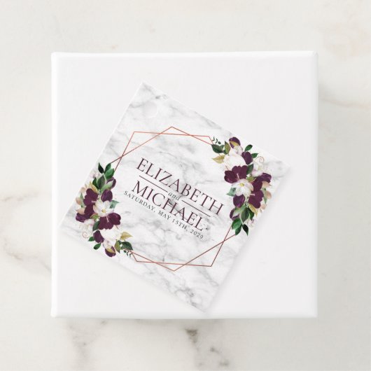 Square Burgundy Copper Geometric Marble Wedding Bedankjes Labels (In situ)