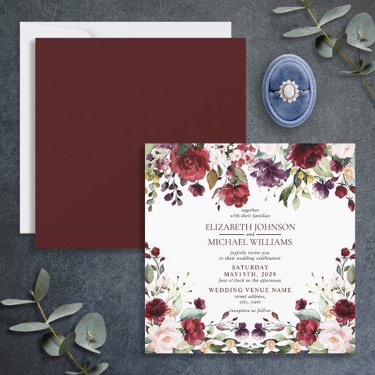 Square Burgundy Waterverf Floral Drop Invitation Kaart