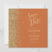 Square Burnt Sinaasappel Gold Glitter Save the Dat Aankondiging (Voorkant)