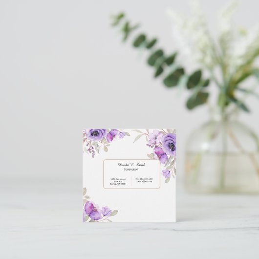 Square Calling Card-Paars Floral Contactkaartje (Staand voorkant)