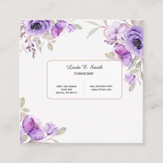 Square Calling Card-Paars Floral Contactkaartje (Voorkant)
