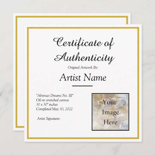 Square Certificate of Authenticity Art Foto Kaart (Voorkant / Achterkant)