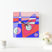 Square Clock Abstract Surfred Blue Red White Vierkante Klok (Huis)